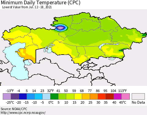 Kazakhstan Minimum Daily Temperature (CPC) Thematic Map For 7/12/2021 - 7/18/2021