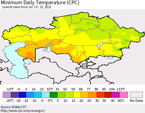 Kazakhstan Minimum Daily Temperature (CPC) Thematic Map For 7/19/2021 - 7/25/2021