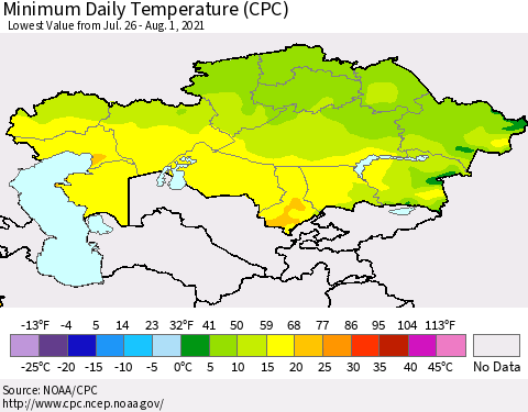 Kazakhstan Minimum Daily Temperature (CPC) Thematic Map For 7/26/2021 - 8/1/2021