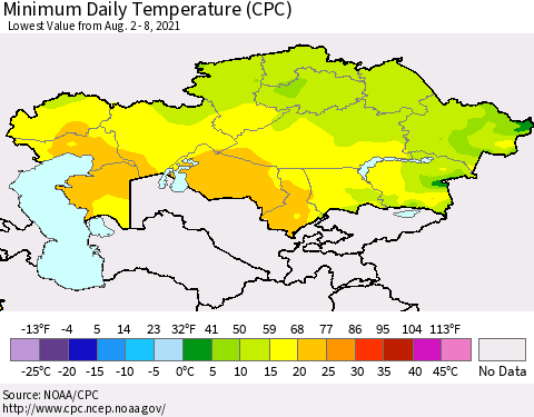 Kazakhstan Minimum Daily Temperature (CPC) Thematic Map For 8/2/2021 - 8/8/2021