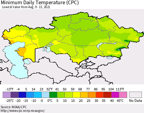 Kazakhstan Minimum Daily Temperature (CPC) Thematic Map For 8/9/2021 - 8/15/2021