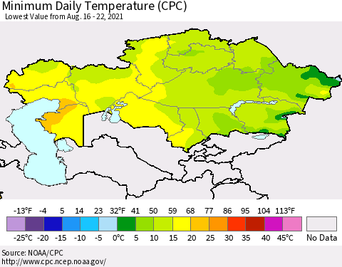 Kazakhstan Minimum Daily Temperature (CPC) Thematic Map For 8/16/2021 - 8/22/2021