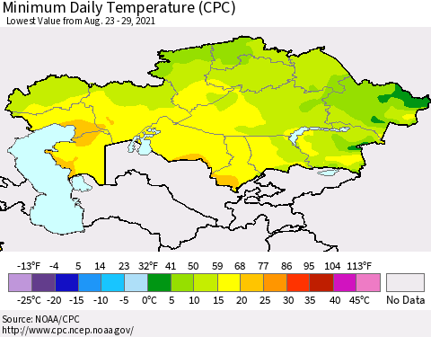 Kazakhstan Minimum Daily Temperature (CPC) Thematic Map For 8/23/2021 - 8/29/2021