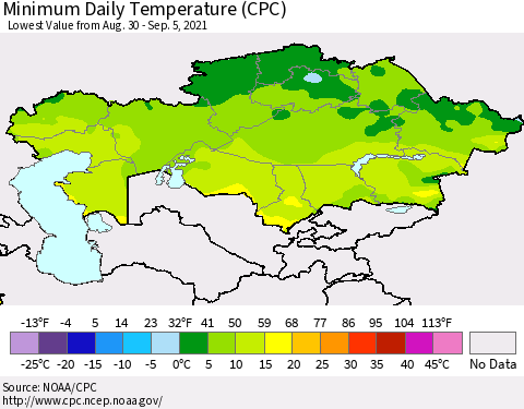 Kazakhstan Minimum Daily Temperature (CPC) Thematic Map For 8/30/2021 - 9/5/2021