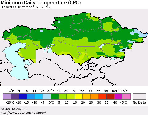 Kazakhstan Minimum Daily Temperature (CPC) Thematic Map For 9/6/2021 - 9/12/2021