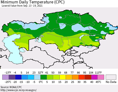 Kazakhstan Minimum Daily Temperature (CPC) Thematic Map For 9/13/2021 - 9/19/2021