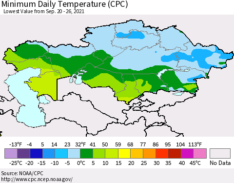 Kazakhstan Minimum Daily Temperature (CPC) Thematic Map For 9/20/2021 - 9/26/2021