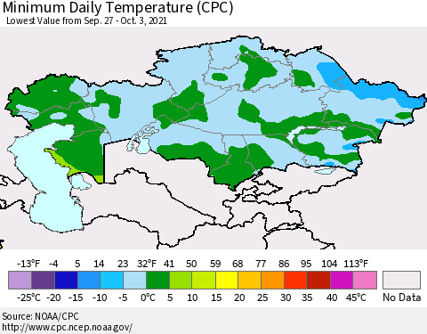 Kazakhstan Minimum Daily Temperature (CPC) Thematic Map For 9/27/2021 - 10/3/2021
