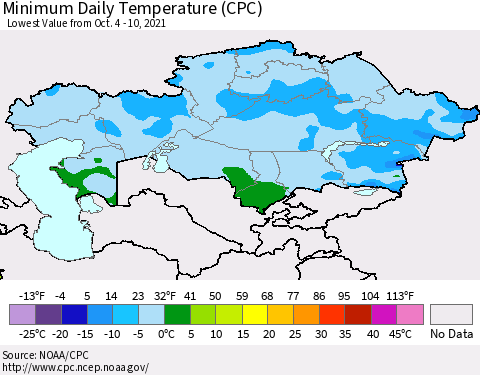 Kazakhstan Minimum Daily Temperature (CPC) Thematic Map For 10/4/2021 - 10/10/2021