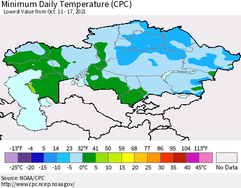Kazakhstan Minimum Daily Temperature (CPC) Thematic Map For 10/11/2021 - 10/17/2021