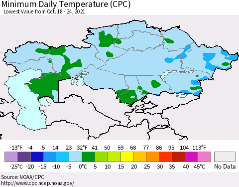 Kazakhstan Minimum Daily Temperature (CPC) Thematic Map For 10/18/2021 - 10/24/2021