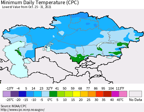 Kazakhstan Minimum Daily Temperature (CPC) Thematic Map For 10/25/2021 - 10/31/2021