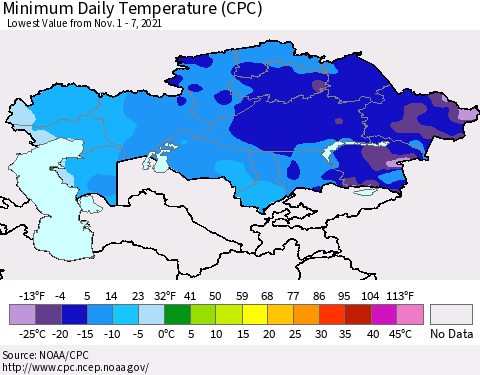 Kazakhstan Minimum Daily Temperature (CPC) Thematic Map For 11/1/2021 - 11/7/2021