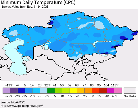 Kazakhstan Minimum Daily Temperature (CPC) Thematic Map For 11/8/2021 - 11/14/2021