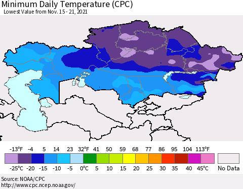 Kazakhstan Minimum Daily Temperature (CPC) Thematic Map For 11/15/2021 - 11/21/2021
