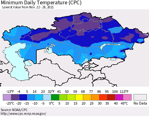 Kazakhstan Minimum Daily Temperature (CPC) Thematic Map For 11/22/2021 - 11/28/2021