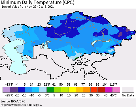 Kazakhstan Minimum Daily Temperature (CPC) Thematic Map For 11/29/2021 - 12/5/2021