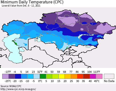 Kazakhstan Minimum Daily Temperature (CPC) Thematic Map For 12/6/2021 - 12/12/2021