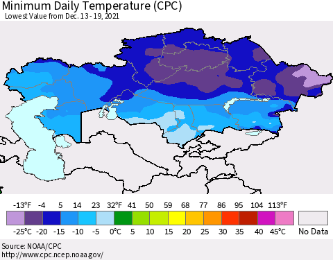 Kazakhstan Minimum Daily Temperature (CPC) Thematic Map For 12/13/2021 - 12/19/2021