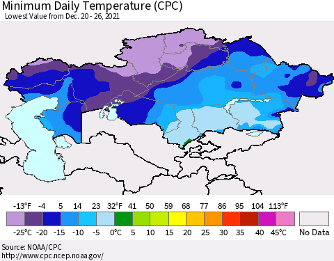 Kazakhstan Minimum Daily Temperature (CPC) Thematic Map For 12/20/2021 - 12/26/2021