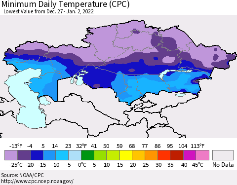 Kazakhstan Minimum Daily Temperature (CPC) Thematic Map For 12/27/2021 - 1/2/2022