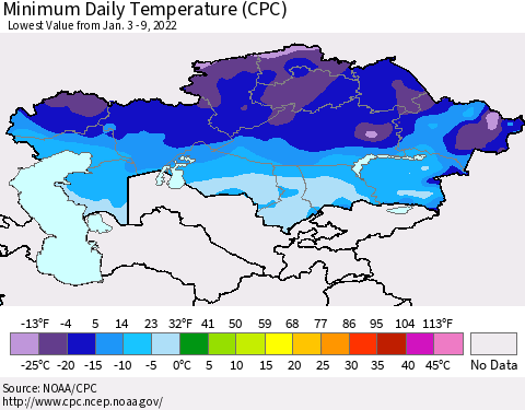 Kazakhstan Minimum Daily Temperature (CPC) Thematic Map For 1/3/2022 - 1/9/2022