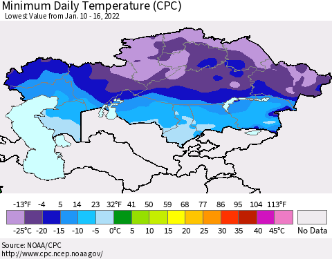 Kazakhstan Minimum Daily Temperature (CPC) Thematic Map For 1/10/2022 - 1/16/2022