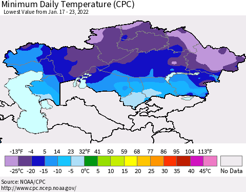 Kazakhstan Minimum Daily Temperature (CPC) Thematic Map For 1/17/2022 - 1/23/2022