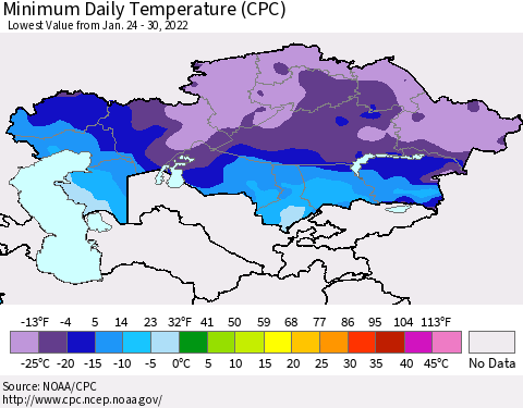 Kazakhstan Minimum Daily Temperature (CPC) Thematic Map For 1/24/2022 - 1/30/2022