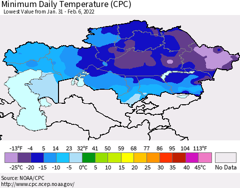 Kazakhstan Minimum Daily Temperature (CPC) Thematic Map For 1/31/2022 - 2/6/2022