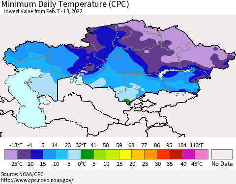 Kazakhstan Minimum Daily Temperature (CPC) Thematic Map For 2/7/2022 - 2/13/2022