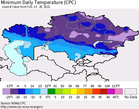 Kazakhstan Minimum Daily Temperature (CPC) Thematic Map For 2/14/2022 - 2/20/2022