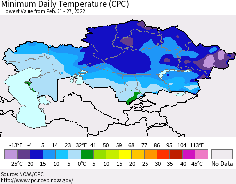 Kazakhstan Minimum Daily Temperature (CPC) Thematic Map For 2/21/2022 - 2/27/2022
