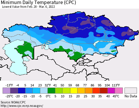 Kazakhstan Minimum Daily Temperature (CPC) Thematic Map For 2/28/2022 - 3/6/2022