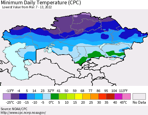 Kazakhstan Minimum Daily Temperature (CPC) Thematic Map For 3/7/2022 - 3/13/2022