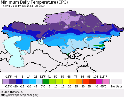 Kazakhstan Minimum Daily Temperature (CPC) Thematic Map For 3/14/2022 - 3/20/2022
