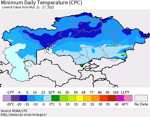 Kazakhstan Minimum Daily Temperature (CPC) Thematic Map For 3/21/2022 - 3/27/2022