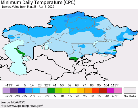 Kazakhstan Minimum Daily Temperature (CPC) Thematic Map For 3/28/2022 - 4/3/2022