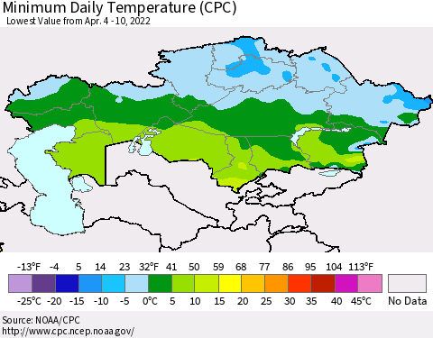 Kazakhstan Minimum Daily Temperature (CPC) Thematic Map For 4/4/2022 - 4/10/2022