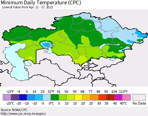 Kazakhstan Minimum Daily Temperature (CPC) Thematic Map For 4/11/2022 - 4/17/2022