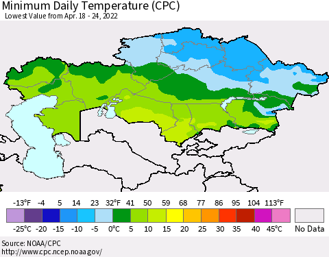 Kazakhstan Minimum Daily Temperature (CPC) Thematic Map For 4/18/2022 - 4/24/2022
