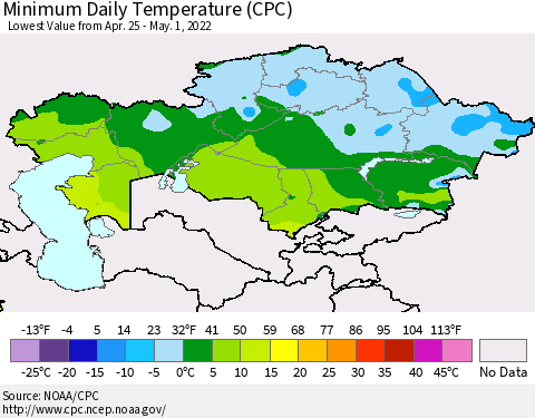 Kazakhstan Minimum Daily Temperature (CPC) Thematic Map For 4/25/2022 - 5/1/2022