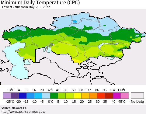 Kazakhstan Minimum Daily Temperature (CPC) Thematic Map For 5/2/2022 - 5/8/2022