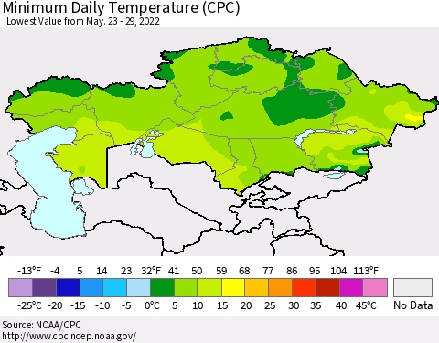 Kazakhstan Minimum Daily Temperature (CPC) Thematic Map For 5/23/2022 - 5/29/2022