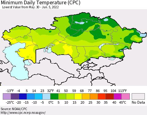 Kazakhstan Minimum Daily Temperature (CPC) Thematic Map For 5/30/2022 - 6/5/2022