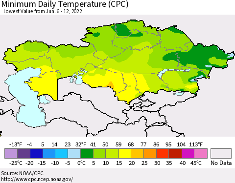 Kazakhstan Minimum Daily Temperature (CPC) Thematic Map For 6/6/2022 - 6/12/2022