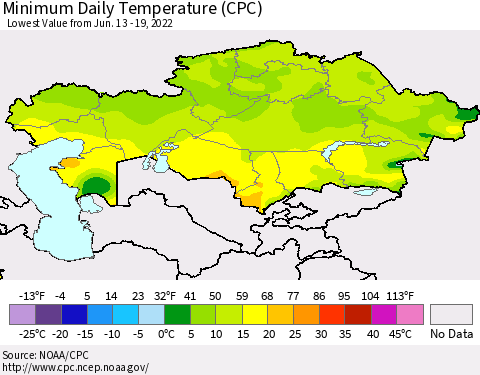 Kazakhstan Minimum Daily Temperature (CPC) Thematic Map For 6/13/2022 - 6/19/2022