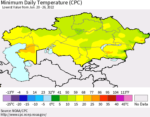Kazakhstan Minimum Daily Temperature (CPC) Thematic Map For 6/20/2022 - 6/26/2022