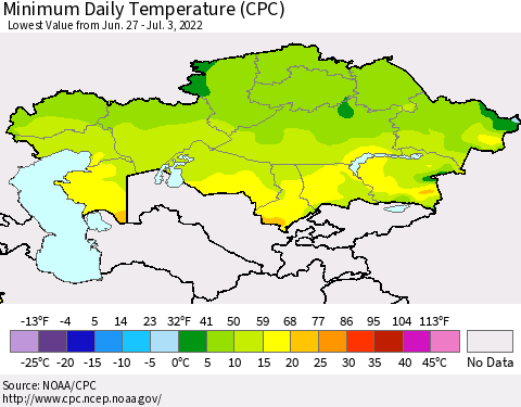 Kazakhstan Minimum Daily Temperature (CPC) Thematic Map For 6/27/2022 - 7/3/2022