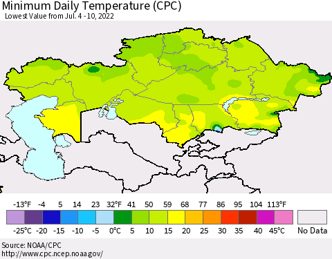 Kazakhstan Minimum Daily Temperature (CPC) Thematic Map For 7/4/2022 - 7/10/2022